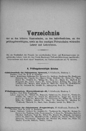 Verzeichnis der an den höheren Staatsschulen, an den halböffentlichen, an den prüfungsberechtigten, sowie an den sonstigen Privatschulen wirkenden Lehrer/-innen