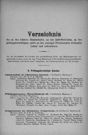 Verzeichnis der an den höheren Staatsschulen, an den halböffentlichen, an den prüfungsberechtigten, sowie an den sonstigen Privatschulen wirkenden Lehrer/-innen