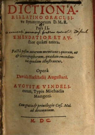 Dictionarii Latinograeci, Sive Synonymorum D. M. R. Pars ..., 2
