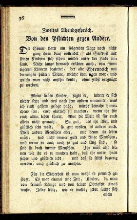 Zweites Abendgespräch. Von den Pflichten gegen Andere.