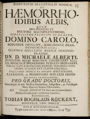 Disputatio Inauguralis Medica De Haemorrhoidibus Albis
