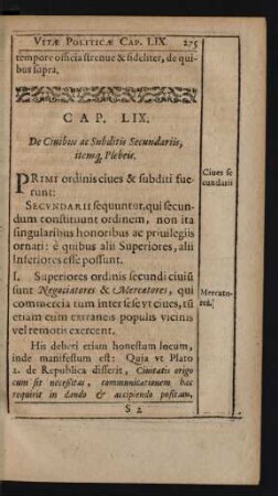 Cap. LIX. De Civibus ac Subditis Secundariis, itemq[ue] Plebeis.