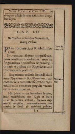 Cap. LIX. De Civibus ac Subditis Secundariis, itemq[ue] Plebeis.