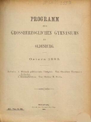 Programm des Grossherzoglichen Gymnasiums zu Oldenburg : Ostern ... 1882/83