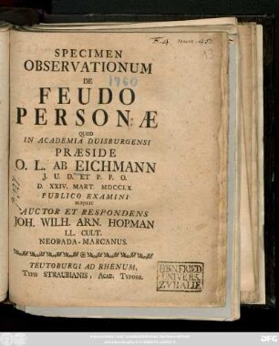 Specimen Observationum De Feudo Personae