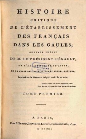 Histoire critique de l'établissement des Français dans les Gaules, 1