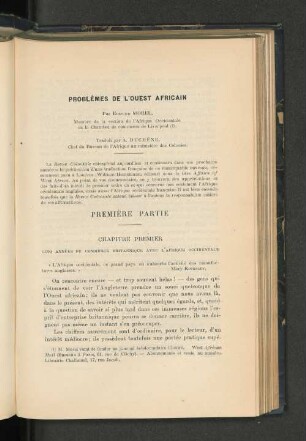 Problèmes de l´Ouest Africain par Edmond Morel, traduit de l´anglais par M. A. Duchène, chef de bureau au ministère des Colonies.