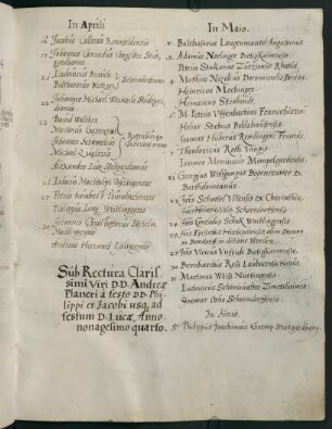 Sommerhalbjahr 1594. Rektorat Andreas Planer