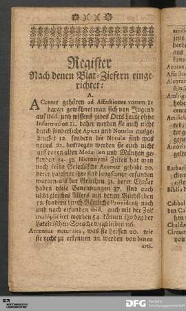 Register Nach denen Blat-Ziefern eingerichtet