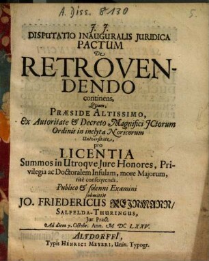 Disputatio Inauguralis Juridica Pactum De Retrovendendo continens