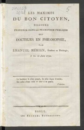 Les Maximes Du Bon Citoyen : Discours Prononcé Dans La Promotion Publique Des Docteurs En Philosophie