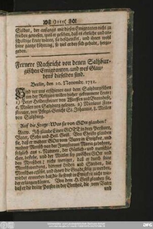 Fernere Nachricht von denen Saltzburgischen Emigranten, und wes Glaubens dieselben sind.