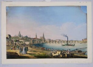 Stadtansicht von Dresden, Blick von Osten über die Elbe mit Schiffen auf Altstadt und Augustusbrücke