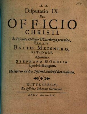 Disputatio IX. De Officio Christi
