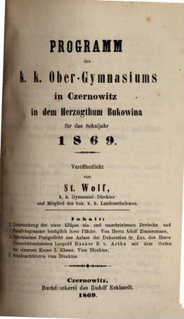 Programm des K.K. Ober-Gymnasiums in Czernowitz in dem Herzogthum Bukowina : veröffentlicht am Schlusse des Schuljahres ..., 1868/69