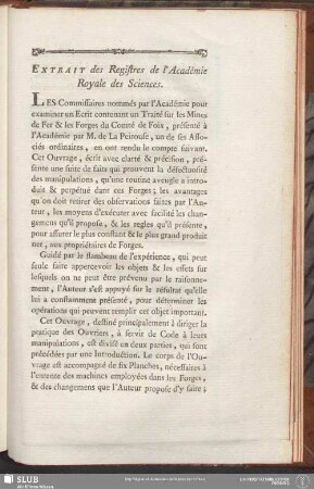 Extrait des Registres de l'Académie Royale des Sciences