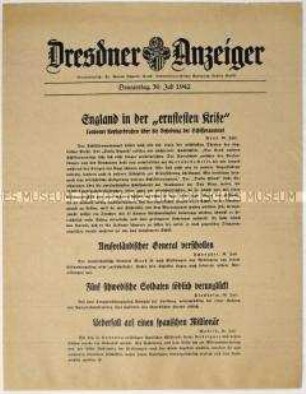 Nachrichtenblatt "Dresdner Anzeiger" u.a. zur britischen Kriegsmarine