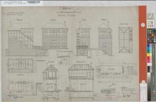 Entwurf zum Stellwerksgebäude "Mw" [umgeändert von: "Wt"] auf Bahnhof Meschede: Grundrisse, Ansichten, Schnitte, Sparrenlage, Lageplan, M. 1:50 und M. 1:1.000 Stnr.: 54, Hgs, Bunr.: 36, Blnr.: 1