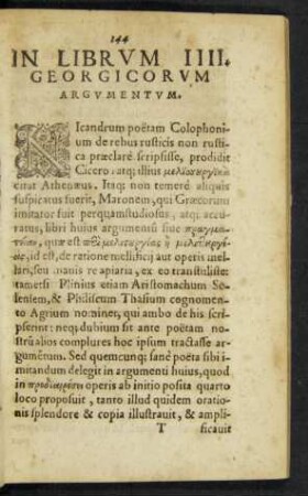 In Librum IIII. Georgicorum Argumentum.