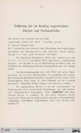 Erklärung der im Katalog angewendeten Zeichen und Fachausdrücke