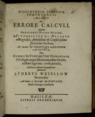 Dissertatio Iuridica Inauguralis Ad L. unic. C. de Errore Calculi