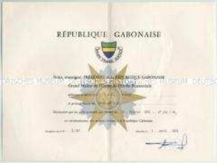 Verleihungsurkunde zum Orden des Äquator-Sterns (Ordre de l'Étoile equatoriale)