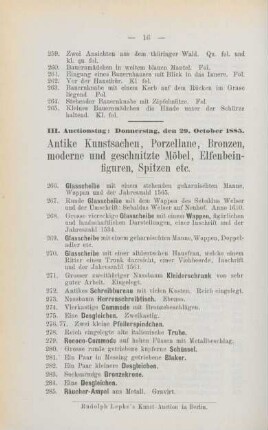 III. Auctionstag: Donnerstag, den 29. October 1885