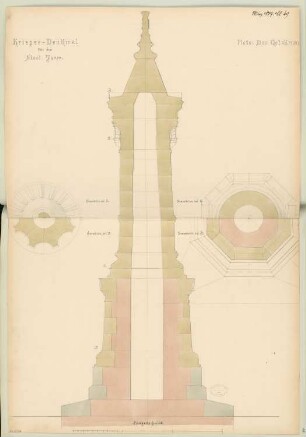 Gefallenendenkmal, Jauer Monatskonkurrenz März 1877: 4 Grundrisshälften, Querschnitt; Maßstabsleiste