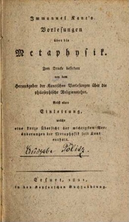 Immanuel Kant's Vorlesungen über die Metaphysik