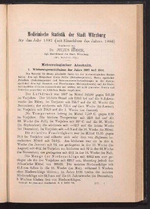 Medicinische Statistik der Stadt Würzburg für das Jahr 1887 (mit Einschluss des Jahres 1886)