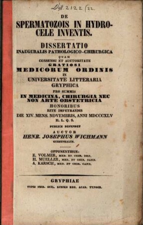 De spermatozois in hydrocele inventis : dissertatio inauguralis pathologico-chirurgica