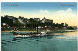 Pirna. Sonnenstein - Elbe mit Dampfer Bastei