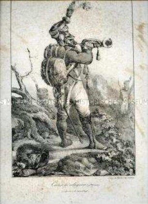 Uniformdarstellung, Trompeter der Voltigeure der Linien-Infanterie in großer Uniform, Frankreich, 1809. Tafel Nr. 8 aus: Recueil de Costumes d'Infanterie de Ligne.