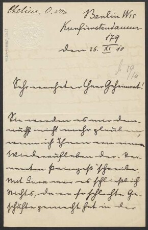 Brief an Ludwig Strecker  und B. Schott's Söhne : 26.11.1910