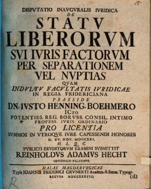 Dispvtatio Inavgvralis Ivridica De Statv Liberorvm Svi Ivris Factorvm Per Separationem Vel Nvptias