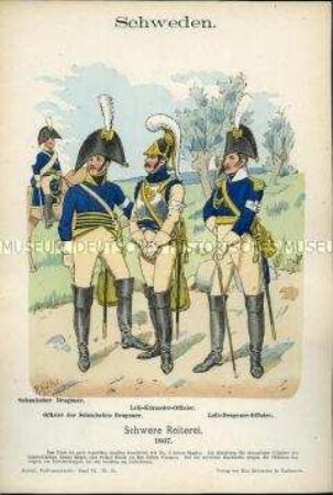 Uniformdarstellung, Gemeiner und Offiziere verschiedener Dragoner-Regimenter, Offizier des Leib-Kürassier-Regiments, Königreich Schweden, 1807.