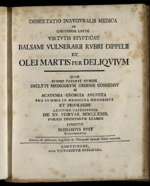 Dissertatio Inavgvralis Medica De Limitanda Lavde Virtvtis Stypticae Balsami Vulnerarii Rvbri Dippelii Et Olei Martis Per Deliqvivm