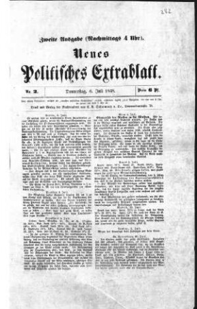 Neues Politisches Extrablatt. N[umer]o 2. Zweite Ausgabe (Nachmittags 4 Uhr). (Sammlung Friedlaender)