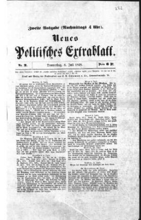 Neues Politisches Extrablatt. N[umer]o 2. Zweite Ausgabe (Nachmittags 4 Uhr). (Sammlung Friedlaender)