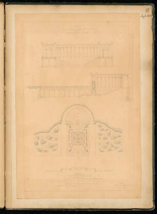 Terrasse Monatskonkurrenz Dezember 1854: Lageplan mit Grundriss, Längsschnitt, Querschnitt; Maßstabsleiste