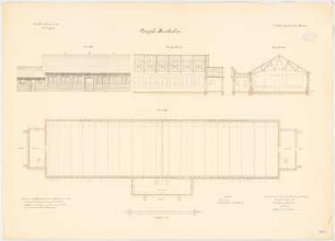 Kavallerie Kasernement, Danzig-Langfuhr Doppelreitbahn: Grundriss, Längsschnitt und Querschnitt, Ansicht 1:100