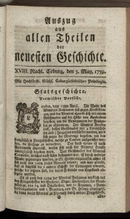 XVIII. Nachl. Coburg, den 5. May, 1759.