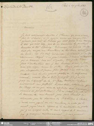 Eigenh. Brief von Eugène Burnouf an August Wilhelm von Schlegel, Paris, 27.11.1834