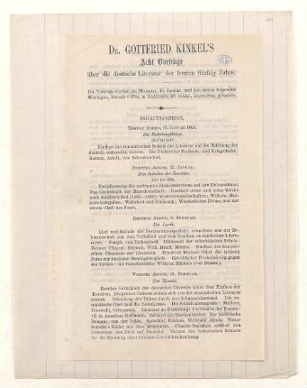 [Ankündigung:] Dr. Gottfried Kinkels Acht Vorträge über die deutsche Literatur der letzten fünfzig Jahre in der Barnsbury Hall, Islington