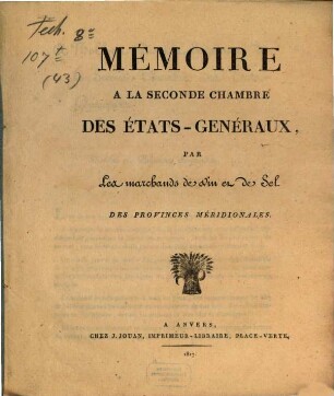 Mémoire a la seconde chambre des états-genéraux