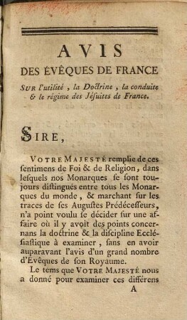 Avis Des Evêques De France Sur l'utilité, la Doctrine, la conduite et le régime des Jésuites de France