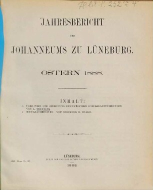 Jahresbericht des Johanneums zu Lüneburg : Ostern .... 1887/88
