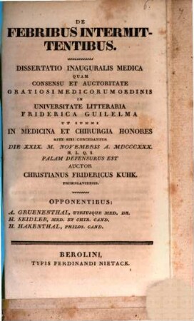 De febribus intermittentibus : Diss. inaug. med.
