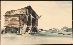 Blockhütte: Blockhütte in Berglandschaft