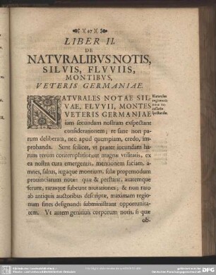 Liber II. De Naturalibus Notis, Silvis, Fluviis, Montibus, Veteris Germaniae